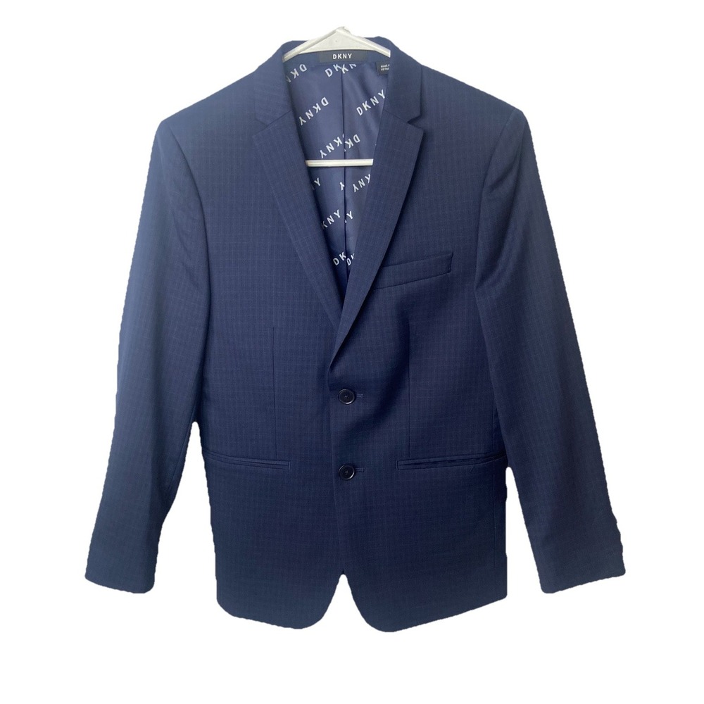 DKNY Boys Skinny Fit Suit Jacket Blazer Blue Wool Blend Size 14R Two Button‎